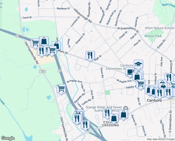map of restaurants, bars, coffee shops, grocery stores, and more near 103 Westview Drive in Carrboro