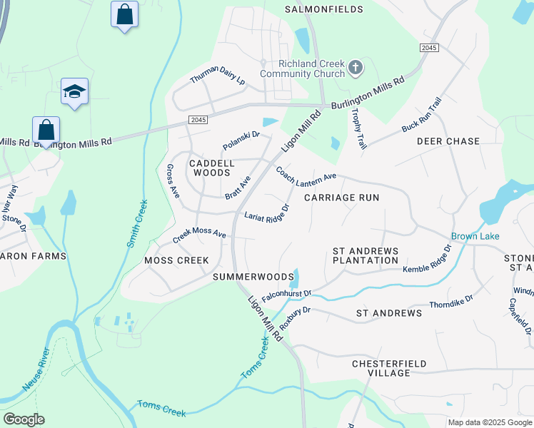 map of restaurants, bars, coffee shops, grocery stores, and more near 3121 Lariat Ridge Drive in Wake Forest