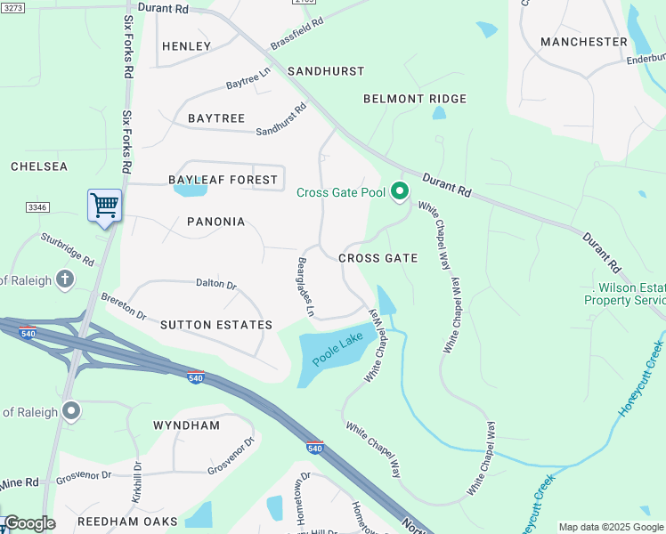 map of restaurants, bars, coffee shops, grocery stores, and more near 4621 White Chapel Way in Raleigh