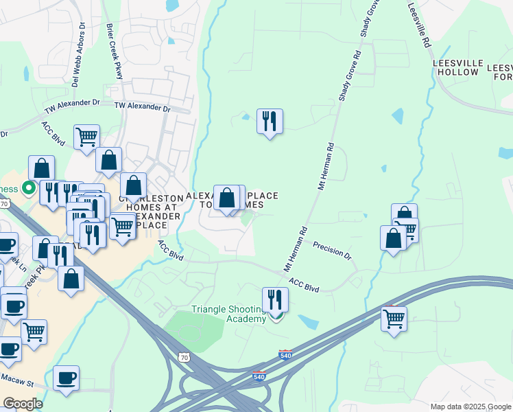 map of restaurants, bars, coffee shops, grocery stores, and more near 7639 Satinwing Lane in Raleigh