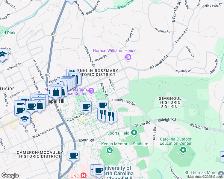map of restaurants, bars, coffee shops, grocery stores, and more near 112 Battle Lane in Chapel Hill