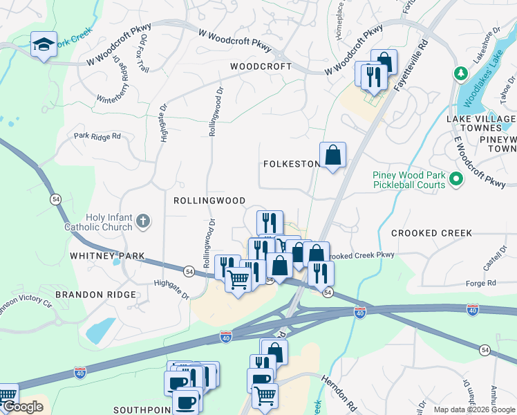 map of restaurants, bars, coffee shops, grocery stores, and more near 735 Southpoint Crossing Drive in Durham