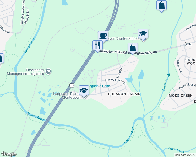 map of restaurants, bars, coffee shops, grocery stores, and more near Ginger Sprout Drive in Wake Forest
