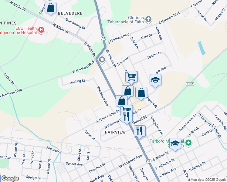 map of restaurants, bars, coffee shops, grocery stores, and more near 2227 North Main Street in Tarboro