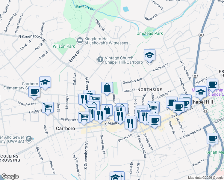 map of restaurants, bars, coffee shops, grocery stores, and more near 306 Broad Street in Carrboro