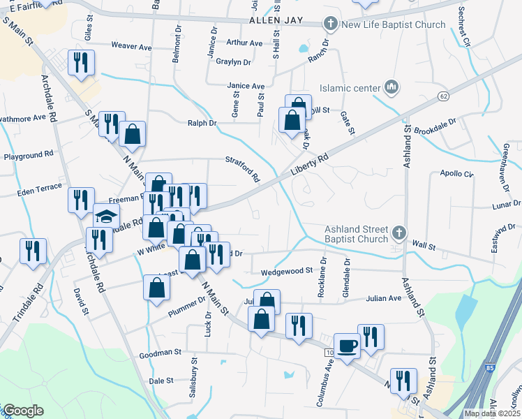 map of restaurants, bars, coffee shops, grocery stores, and more near 502 Liberty Place in Archdale