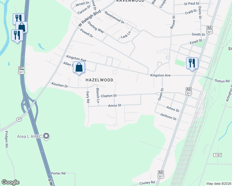map of restaurants, bars, coffee shops, grocery stores, and more near 640 Clayton Street in Rocky Mount