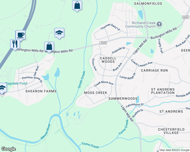 map of restaurants, bars, coffee shops, grocery stores, and more near 2713 Gross Avenue in Wake Forest