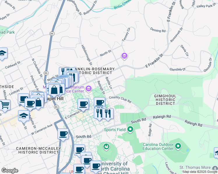map of restaurants, bars, coffee shops, grocery stores, and more near 112 Battle Lane in Chapel Hill