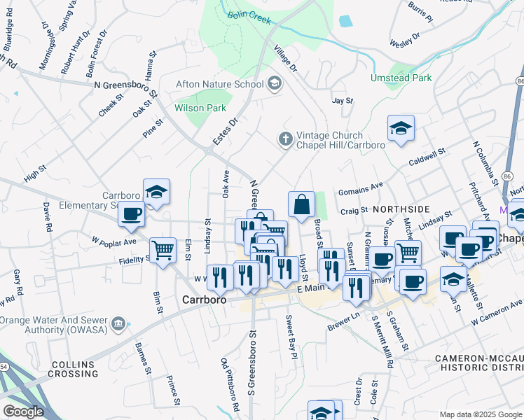 map of restaurants, bars, coffee shops, grocery stores, and more near 505 North Greensboro Street in Carrboro