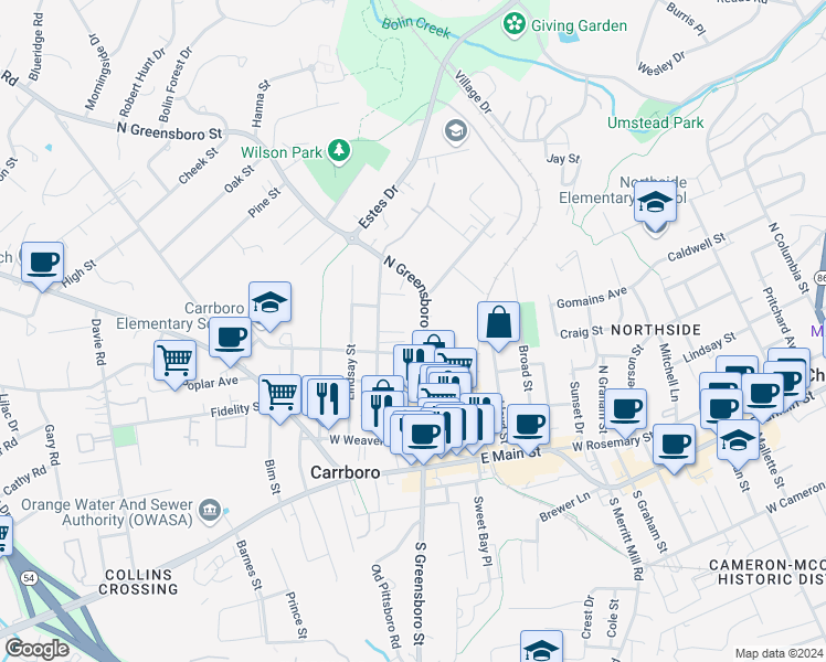 map of restaurants, bars, coffee shops, grocery stores, and more near 505 North Greensboro Street in Carrboro