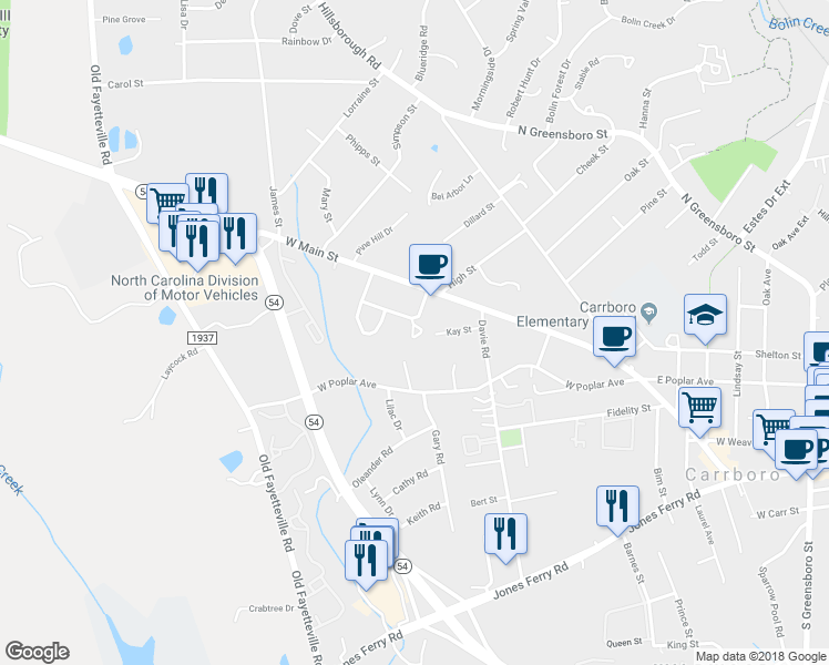 map of restaurants, bars, coffee shops, grocery stores, and more near 103 Westview Drive in Carrboro