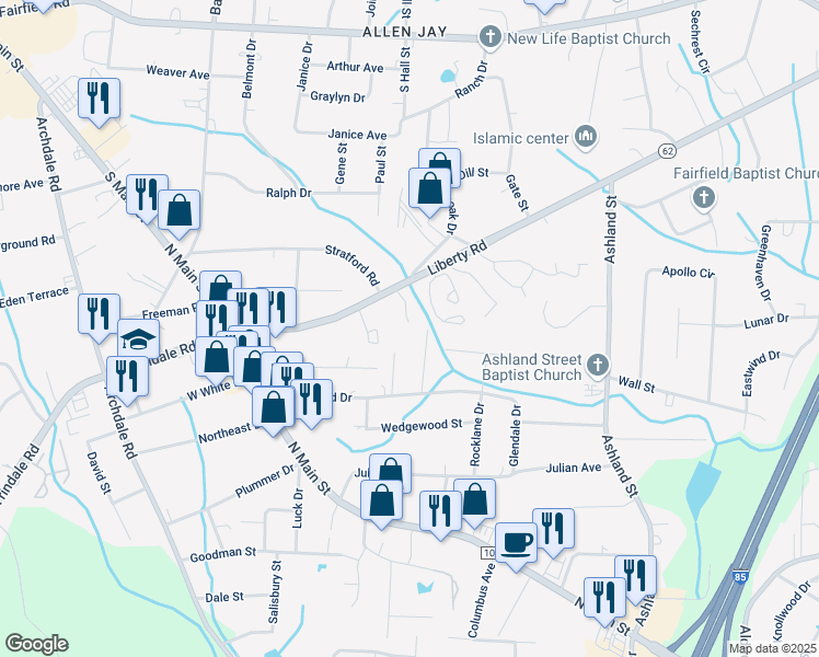 map of restaurants, bars, coffee shops, grocery stores, and more near 406 Maple Grove Court in Archdale