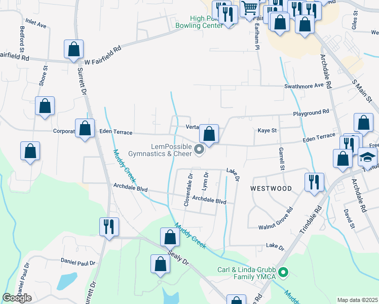 map of restaurants, bars, coffee shops, grocery stores, and more near 711 Eden Terrace in Archdale