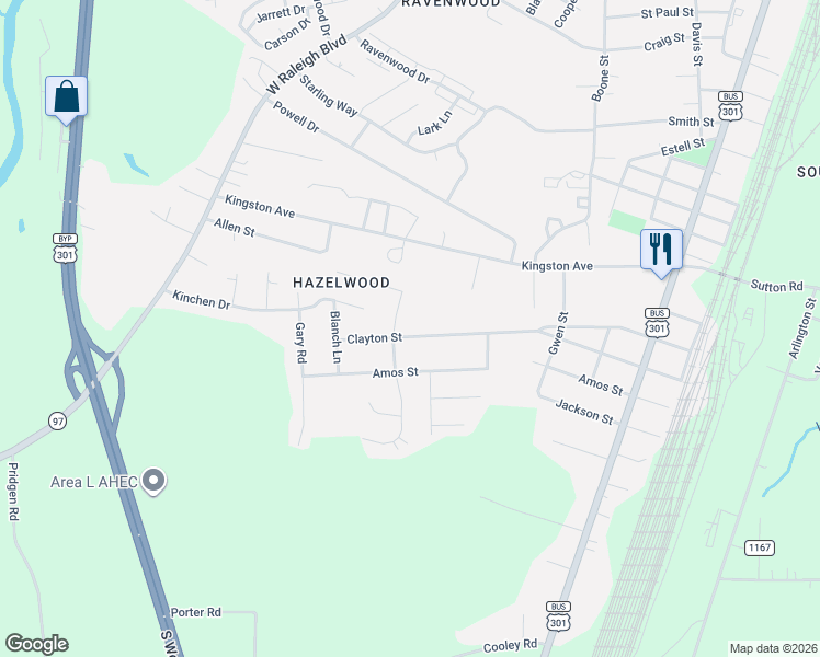 map of restaurants, bars, coffee shops, grocery stores, and more near 640 Clayton Street in Rocky Mount