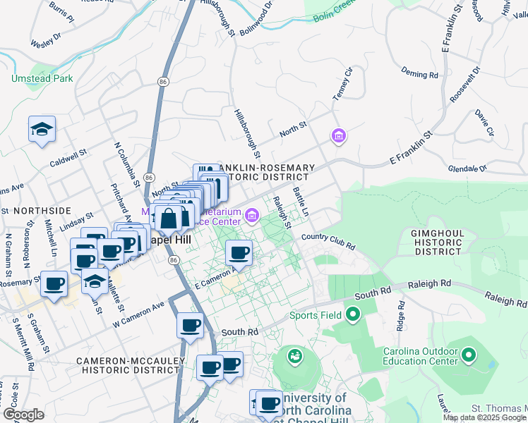 map of restaurants, bars, coffee shops, grocery stores, and more near 304 East Franklin Street in Chapel Hill