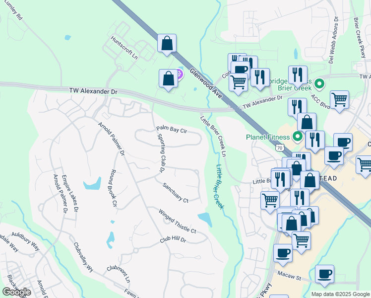 map of restaurants, bars, coffee shops, grocery stores, and more near 9124 Palm Bay Circle in Raleigh