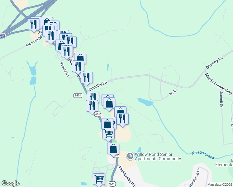 map of restaurants, bars, coffee shops, grocery stores, and more near 1119 Yadkinville Road in Mocksville