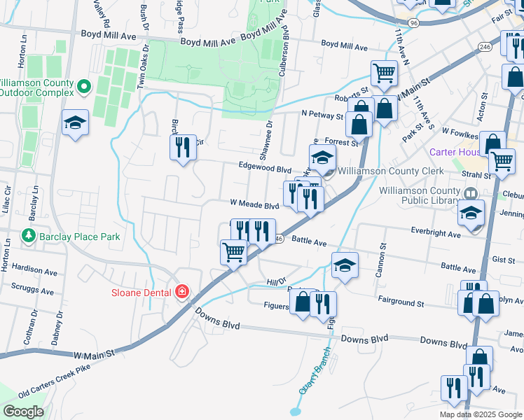 map of restaurants, bars, coffee shops, grocery stores, and more near 601 West Meade Boulevard in Franklin