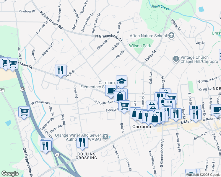 map of restaurants, bars, coffee shops, grocery stores, and more near 204 Hillsborough Road in Carrboro