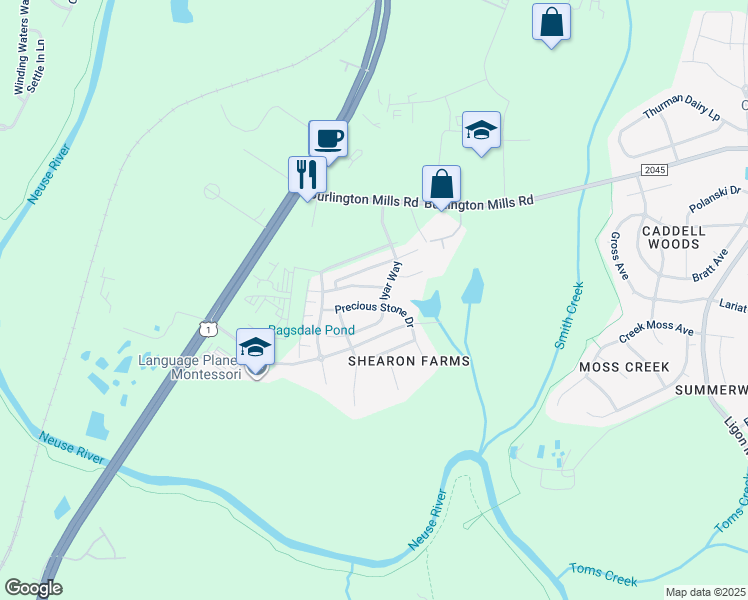 map of restaurants, bars, coffee shops, grocery stores, and more near 9816 Precious Stone Drive in Wake Forest