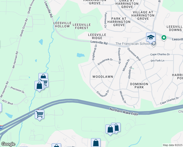 map of restaurants, bars, coffee shops, grocery stores, and more near 8905 Erinsbrook Drive in Raleigh