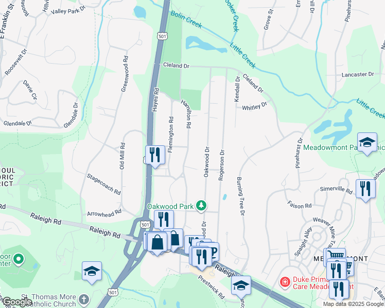 map of restaurants, bars, coffee shops, grocery stores, and more near 146 Hamilton Road in Chapel Hill