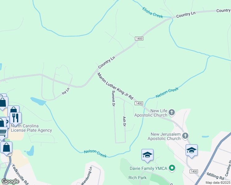 map of restaurants, bars, coffee shops, grocery stores, and more near 117 Summit Drive in Mocksville