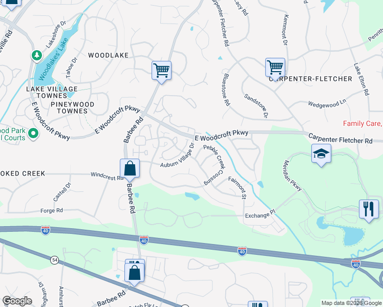 map of restaurants, bars, coffee shops, grocery stores, and more near 1302 Auburn Village Drive in Durham