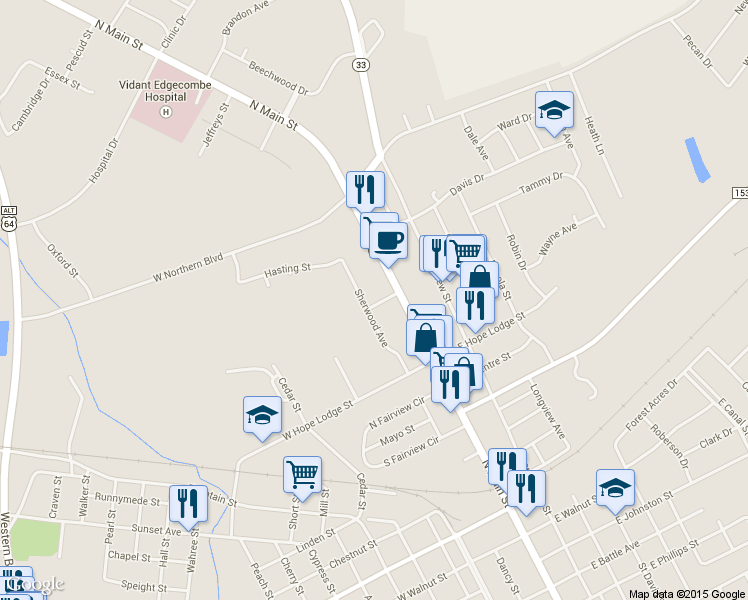 map of restaurants, bars, coffee shops, grocery stores, and more near 2235 Sherwood Avenue in Tarboro