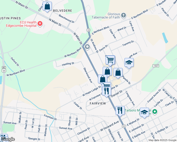 map of restaurants, bars, coffee shops, grocery stores, and more near 2235 Sherwood Avenue in Tarboro