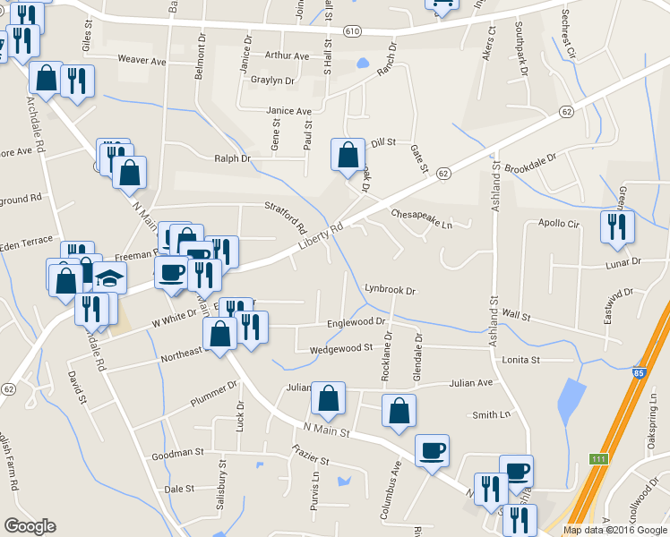 map of restaurants, bars, coffee shops, grocery stores, and more near 406 Maple Grove Court in Archdale