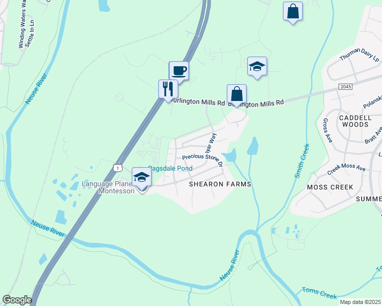 map of restaurants, bars, coffee shops, grocery stores, and more near 9842 Precious Stone Drive in Wake Forest