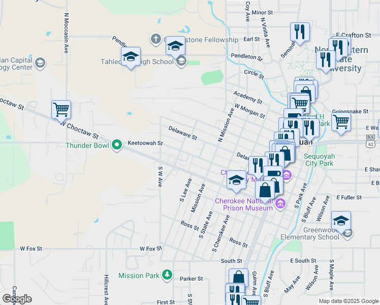 map of restaurants, bars, coffee shops, grocery stores, and more near 604 8 West Keetoowah Street in Tahlequah