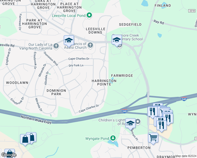 map of restaurants, bars, coffee shops, grocery stores, and more near 7833 Cape Charles Drive in Raleigh
