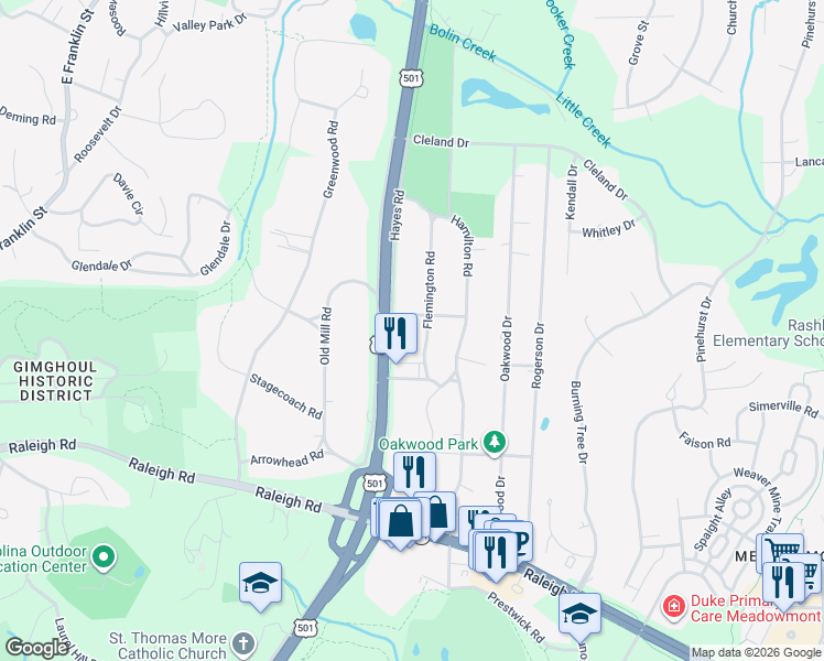 map of restaurants, bars, coffee shops, grocery stores, and more near 411 Flemington Road in Chapel Hill