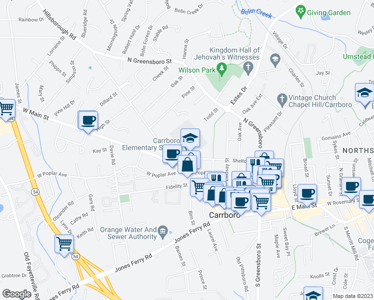 map of restaurants, bars, coffee shops, grocery stores, and more near 400 Shelton Street in Carrboro