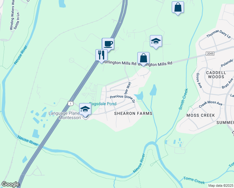 map of restaurants, bars, coffee shops, grocery stores, and more near 9840 Precious Stone Drive in Wake Forest