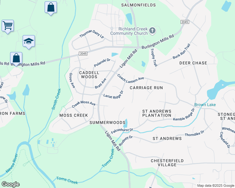 map of restaurants, bars, coffee shops, grocery stores, and more near 3135 Lariat Ridge Drive in Wake Forest