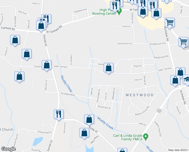 map of restaurants, bars, coffee shops, grocery stores, and more near 102 Terrace Trace Court in Archdale