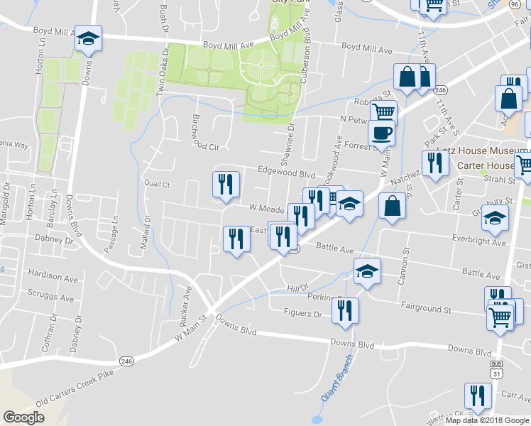 map of restaurants, bars, coffee shops, grocery stores, and more near 611 West Meade Boulevard in Franklin