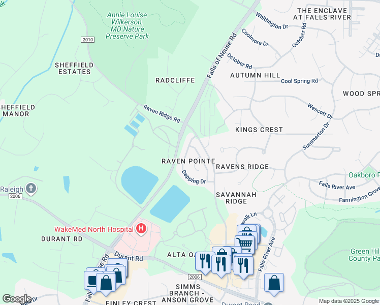 map of restaurants, bars, coffee shops, grocery stores, and more near 10470 Dapping Drive in Raleigh
