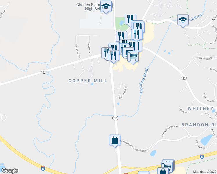 map of restaurants, bars, coffee shops, grocery stores, and more near 7250 751 Highway in Durham