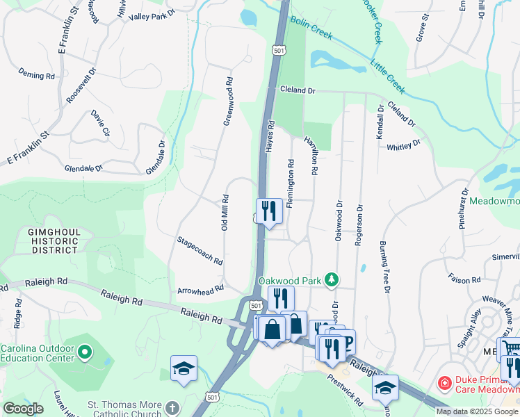 map of restaurants, bars, coffee shops, grocery stores, and more near in Chapel Hill