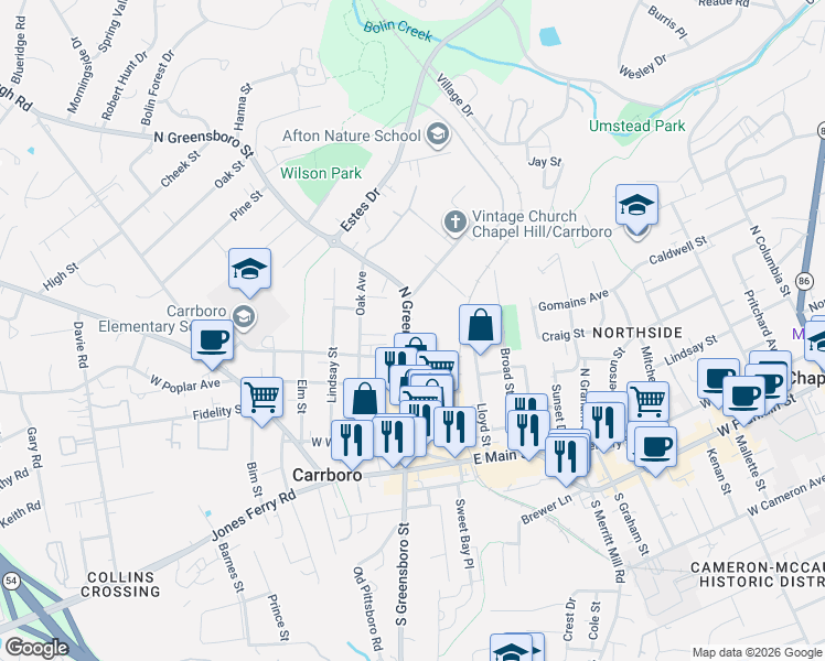 map of restaurants, bars, coffee shops, grocery stores, and more near 505 North Greensboro Street in Carrboro
