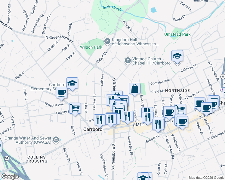 map of restaurants, bars, coffee shops, grocery stores, and more near 505 North Greensboro Street in Carrboro