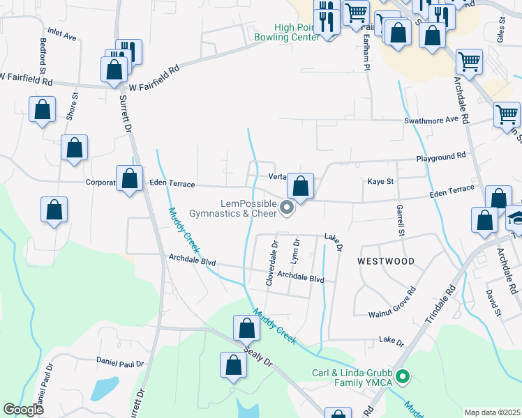 map of restaurants, bars, coffee shops, grocery stores, and more near 102 Terrace Trace Court in Archdale