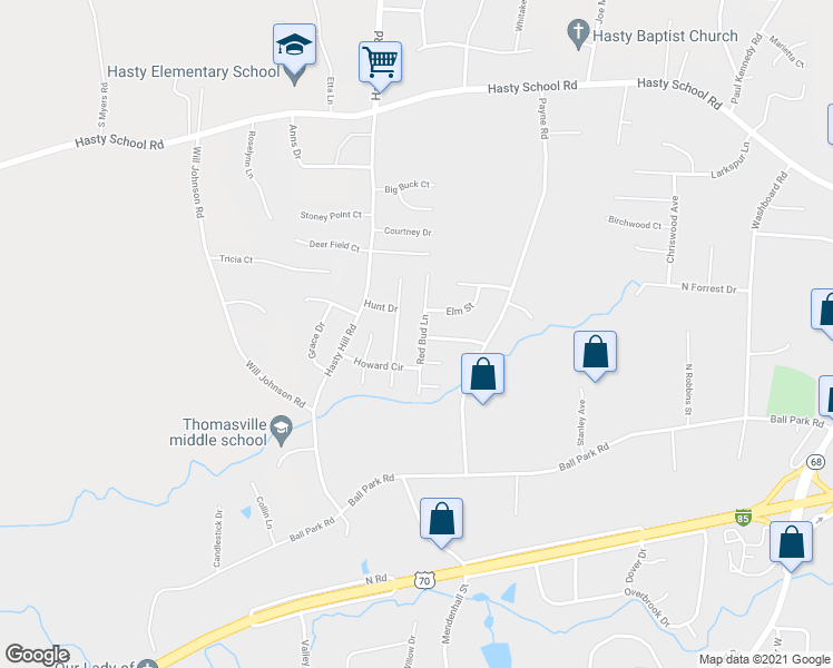 map of restaurants, bars, coffee shops, grocery stores, and more near 201 Red Bud Lane in Thomasville