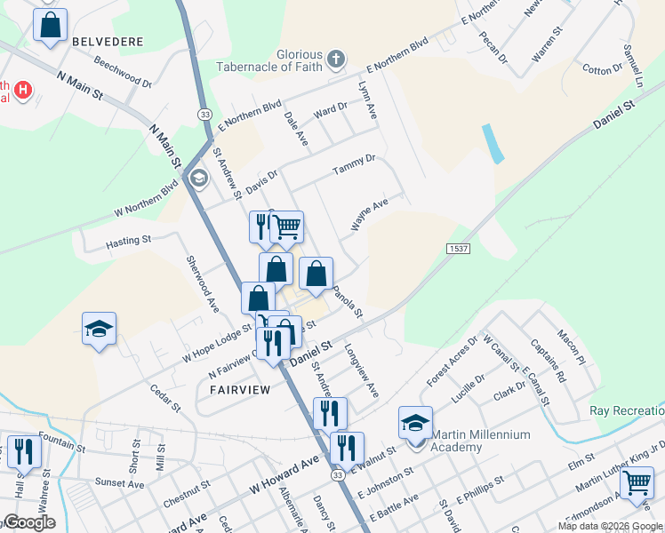 map of restaurants, bars, coffee shops, grocery stores, and more near 2203 Panola Street in Tarboro