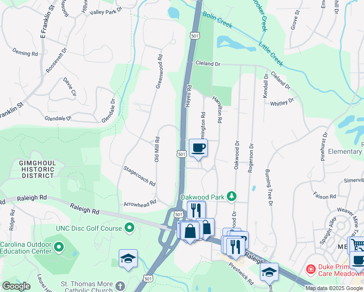 map of restaurants, bars, coffee shops, grocery stores, and more near 1720 Fordham Boulevard in Chapel Hill